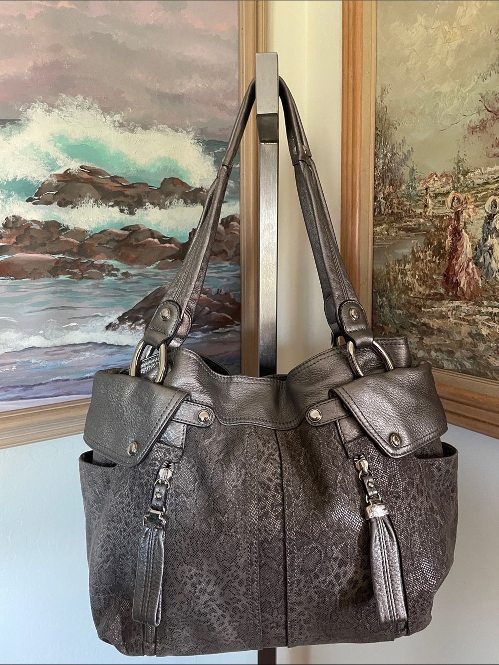 b. makowsky Metallic Gray Animal Print Shoulder Tote
